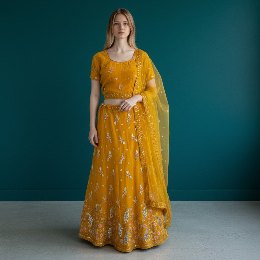 Mustard Yellow Floral Embroidered Lehenga with Mirror Work and Sheer Dupatta