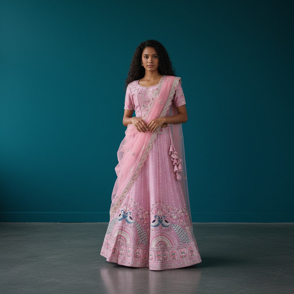 Vibrant Lehenga with Peacock Motif Embroidery and Light Pink Net Dupatta