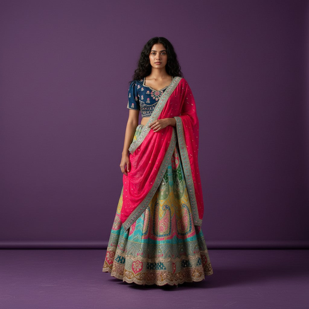 Mastani Style Multicolored Paneled Lehenga Set with Navy Blue Blouse and Red Dupatta