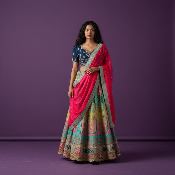 Mastani Style Multicolored Paneled Lehenga Set with Navy Blue Blouse and Red Dupatta