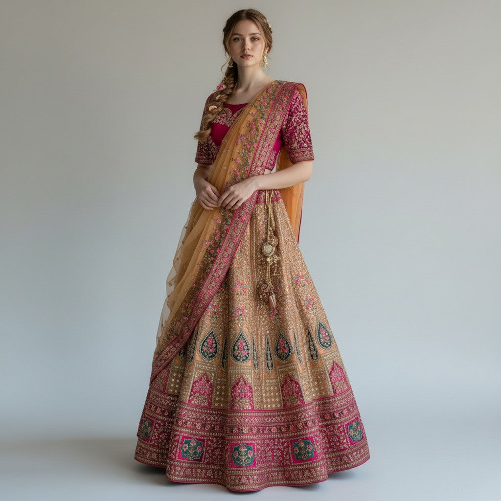 Heavy Designer Bridal Lehenga with Velvet Patchwork and Magenta Dupatta