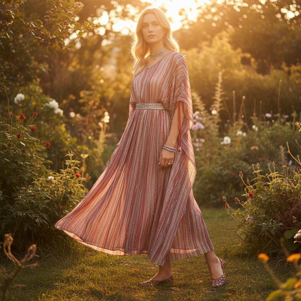 Striped/Zig-zag Pleated Gown with Silver Belt