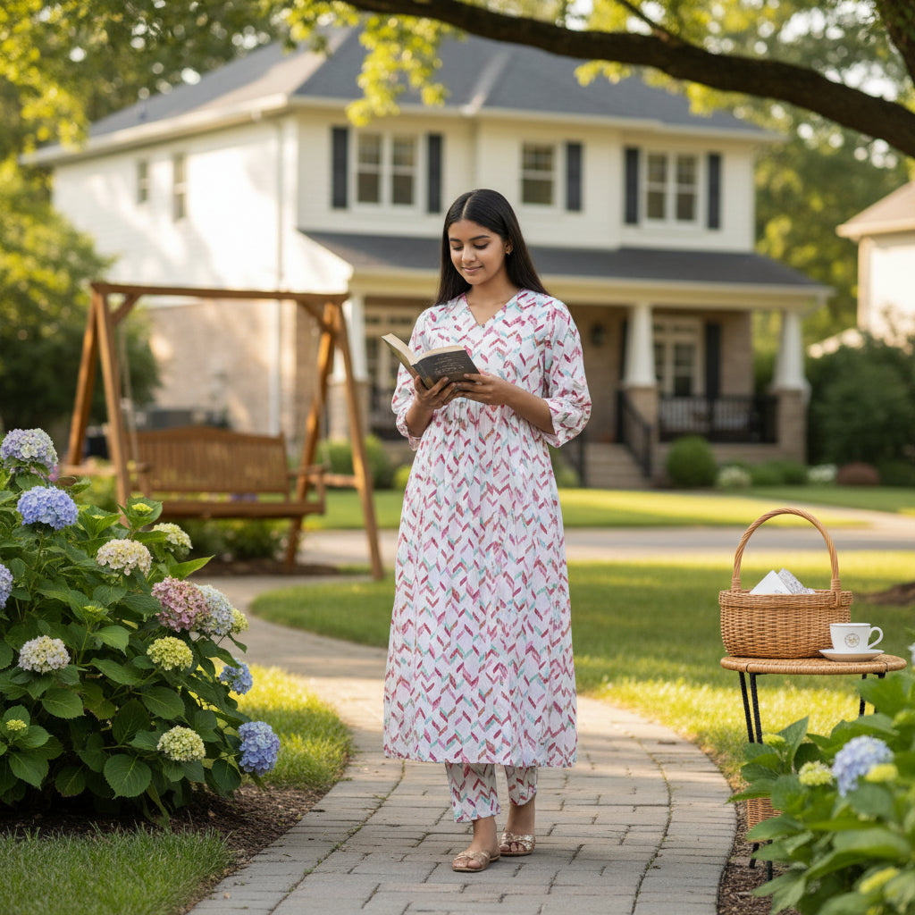 Cotton Gathered Tunic with Multi-Colored Chevron Pattern