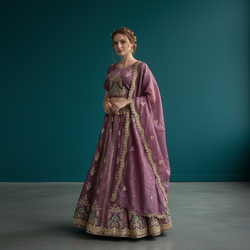 Elegant Purple Lehenga with Gold Zari Work and Peacock Motifs