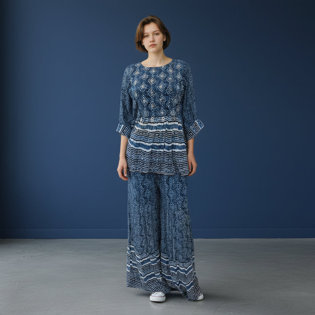 Printed Cotton Silk Blend Peplum Palazzo Set