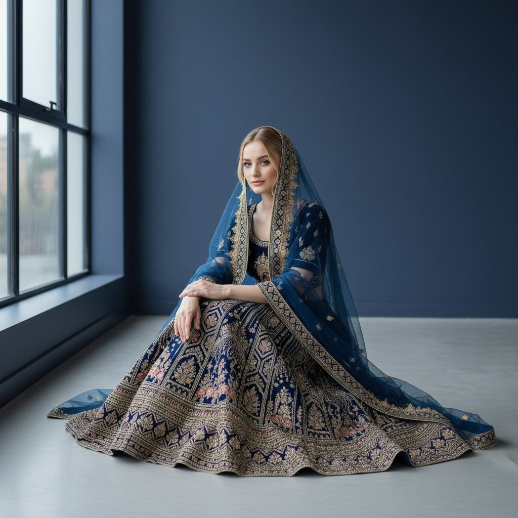 Heavy Bridal-Style Navy Blue Lehenga with Gold Zardosi Work
