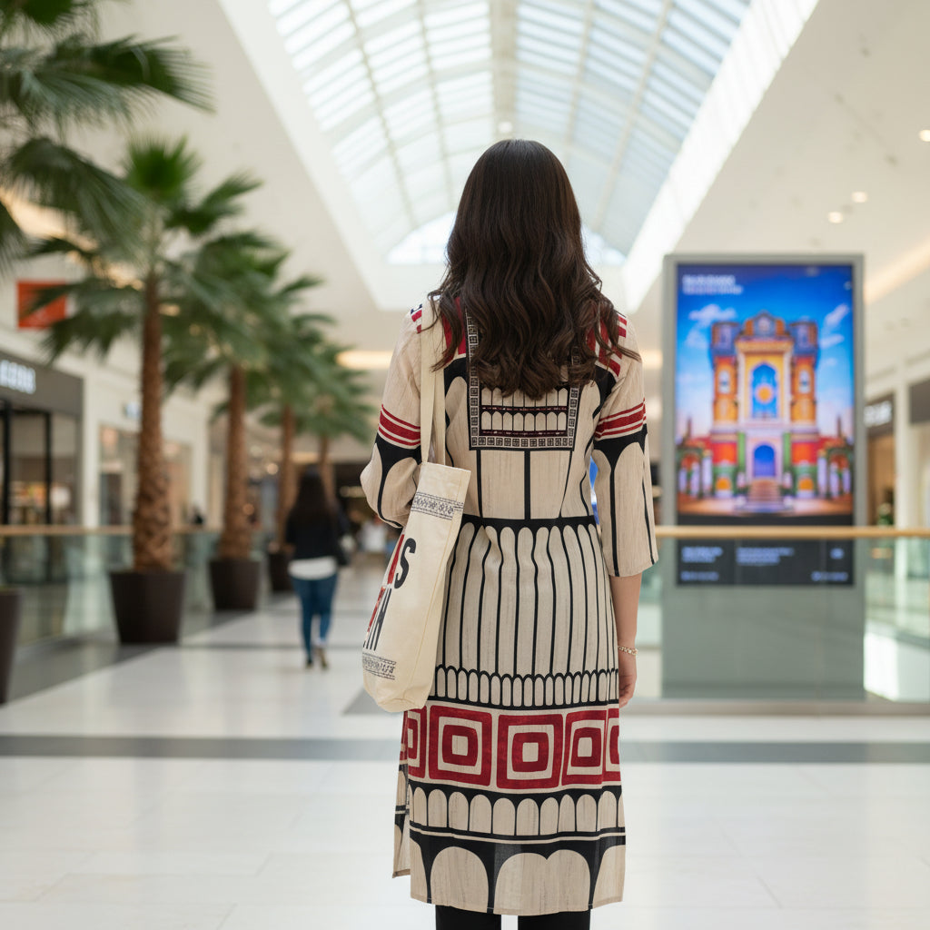 Cream Black Geometric Arch Kurti with Maroon Border