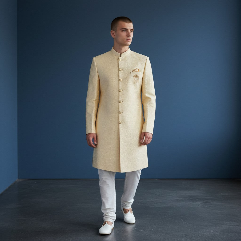 A Yellow self design Sherwani