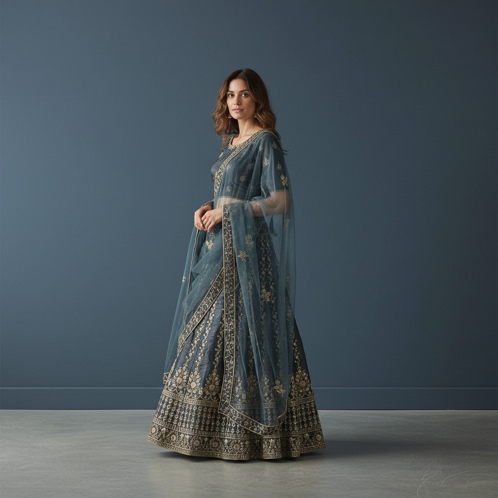 Sophisticated Teal-Toned Lehenga with Vine Embroidery and Floral Border