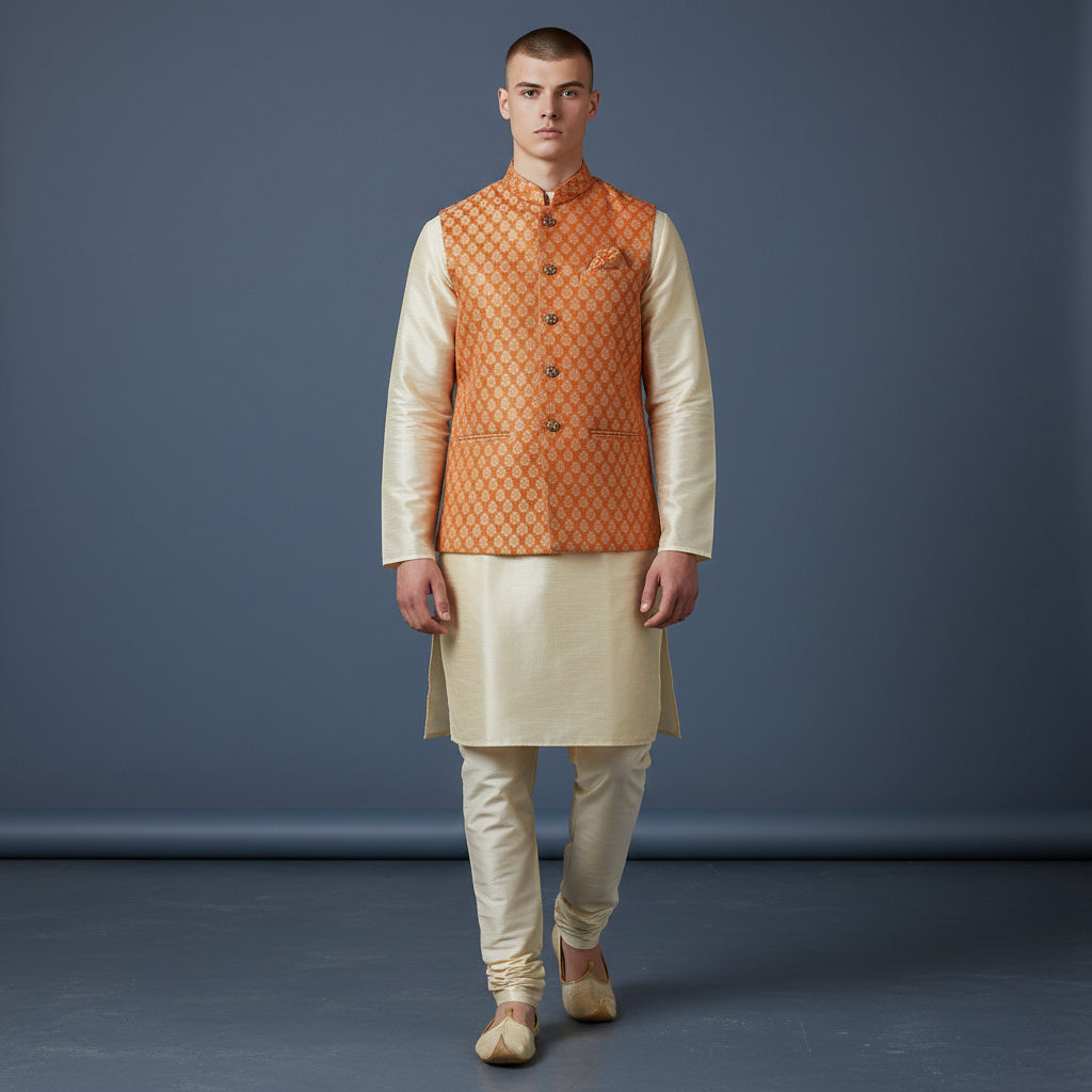 Men 3 Piece Set - Peach Kurta Set for Party and Wedding