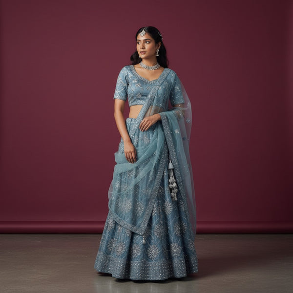 Floral Threadwork Lehenga with Matching Blouse and Tassel-Detailed Dupatta