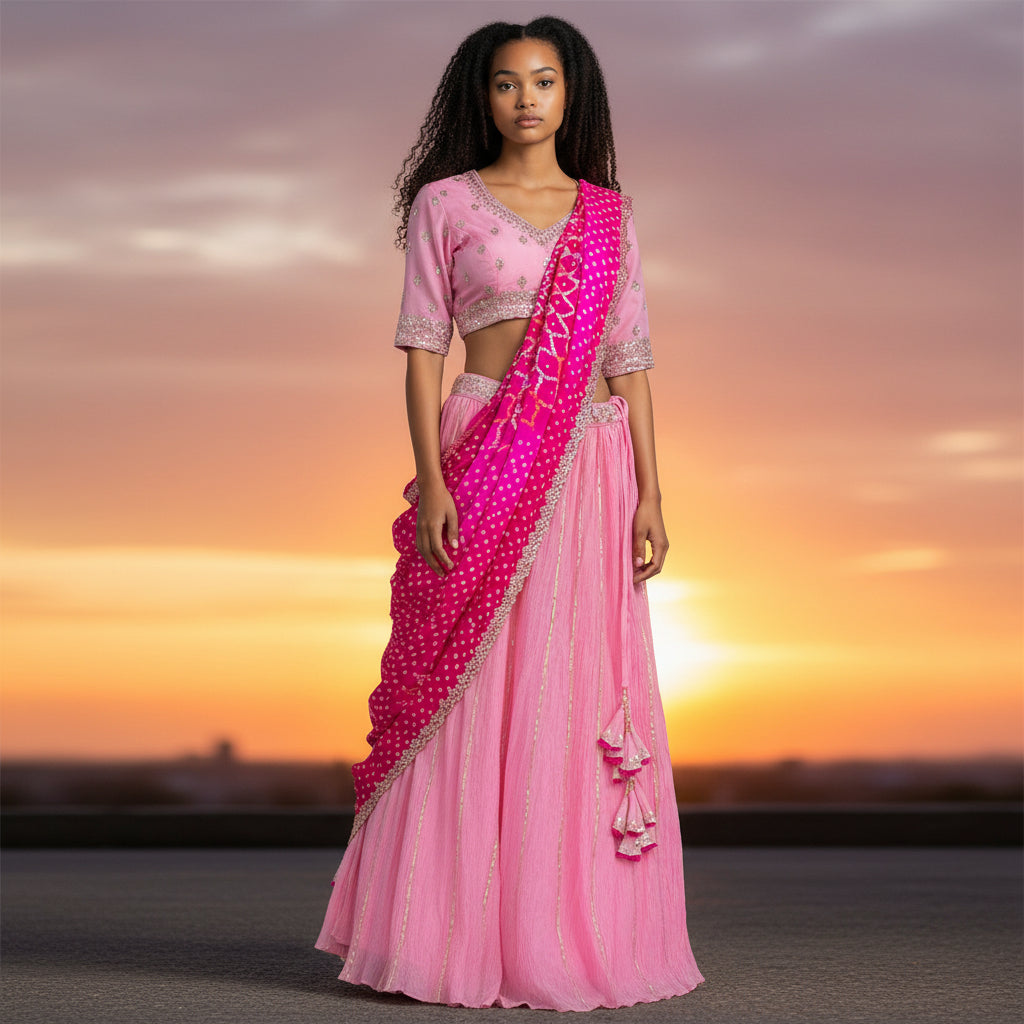 Georgette Silk Blend Pleated Lehenga