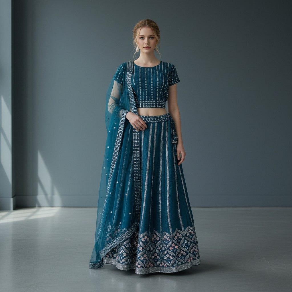 Teal Blue Art Silk Lehenga Choli with Silver Sequin Stripes and Floral Border