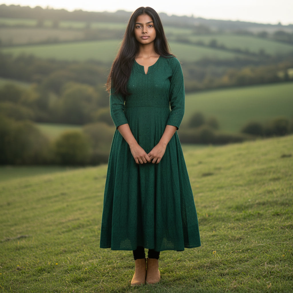 Chikankari with Sequence Frock - EMERALD GREEN