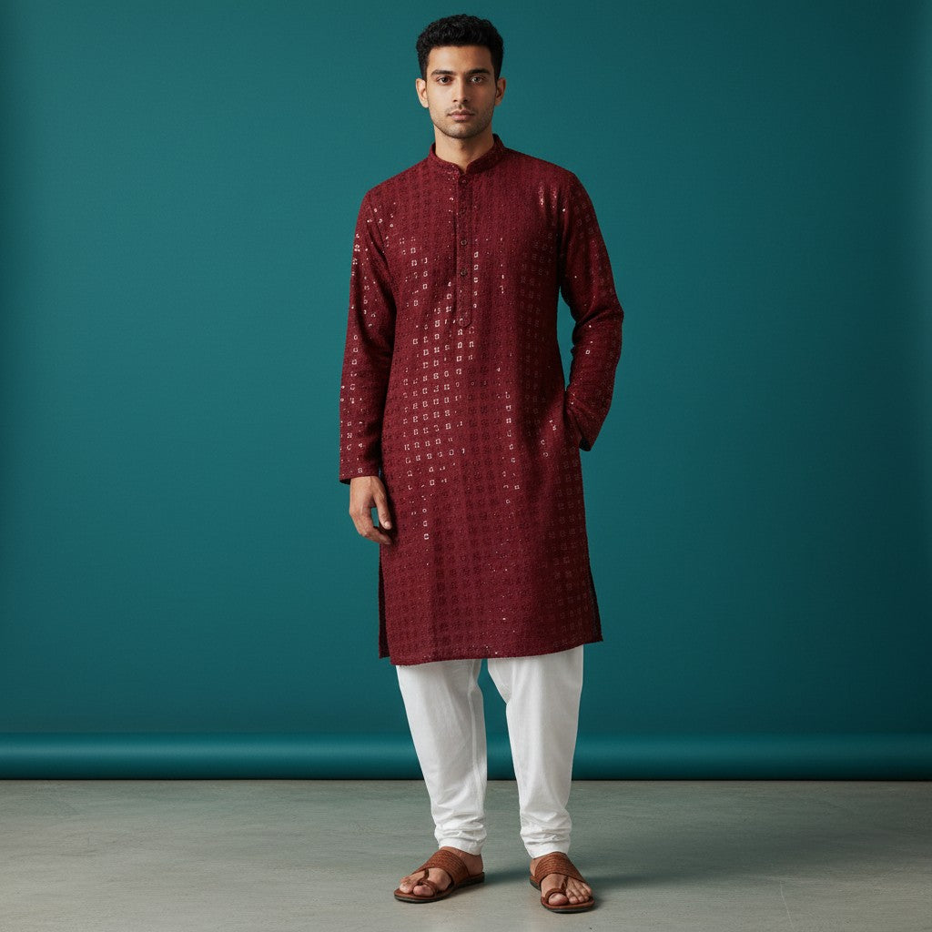 Chikankari Embroidered Sequinned Kurta Set Maroon