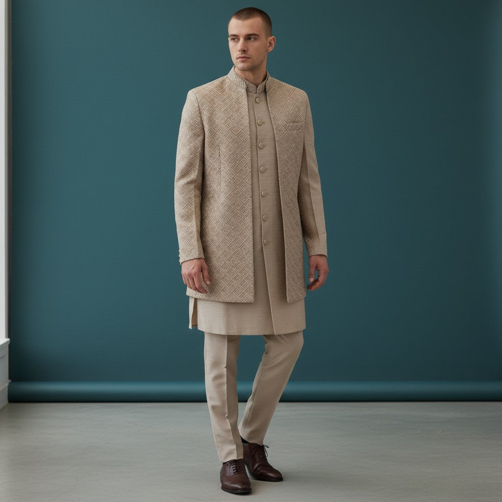 Beige Tailored Textured Jacket for Men
