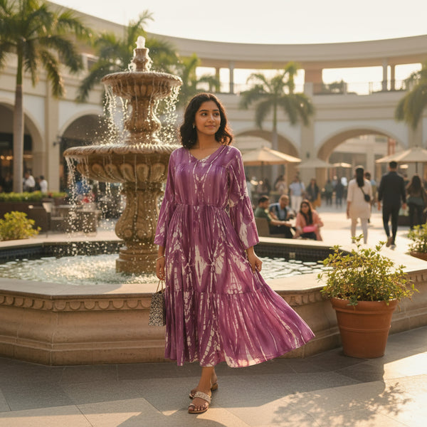 Plum Shibori Tie-Dye Tiered Maxi Dress with Bell Sleeves