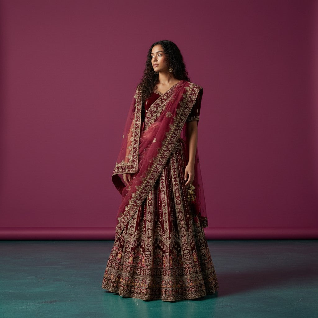 Deep Maroon Velvet Lehenga with Gold Zari and Sequin Embroidery