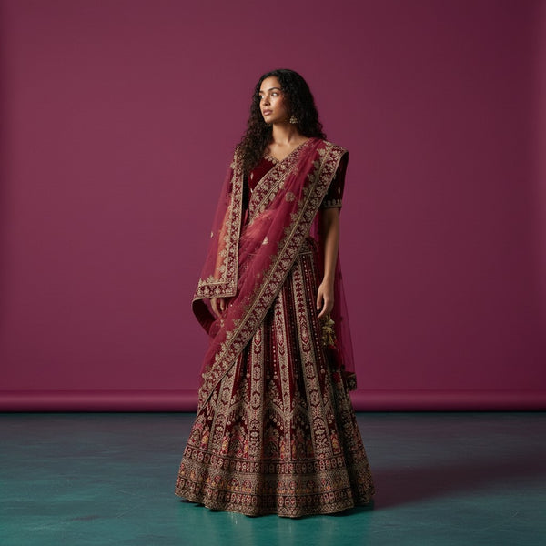 Deep Maroon Velvet Lehenga with Gold Zari and Sequin Embroidery