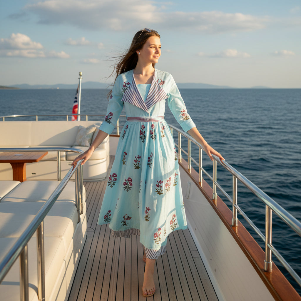 Sky Blue Cotton Floral Kurta Set with Shawl Collar & Belt