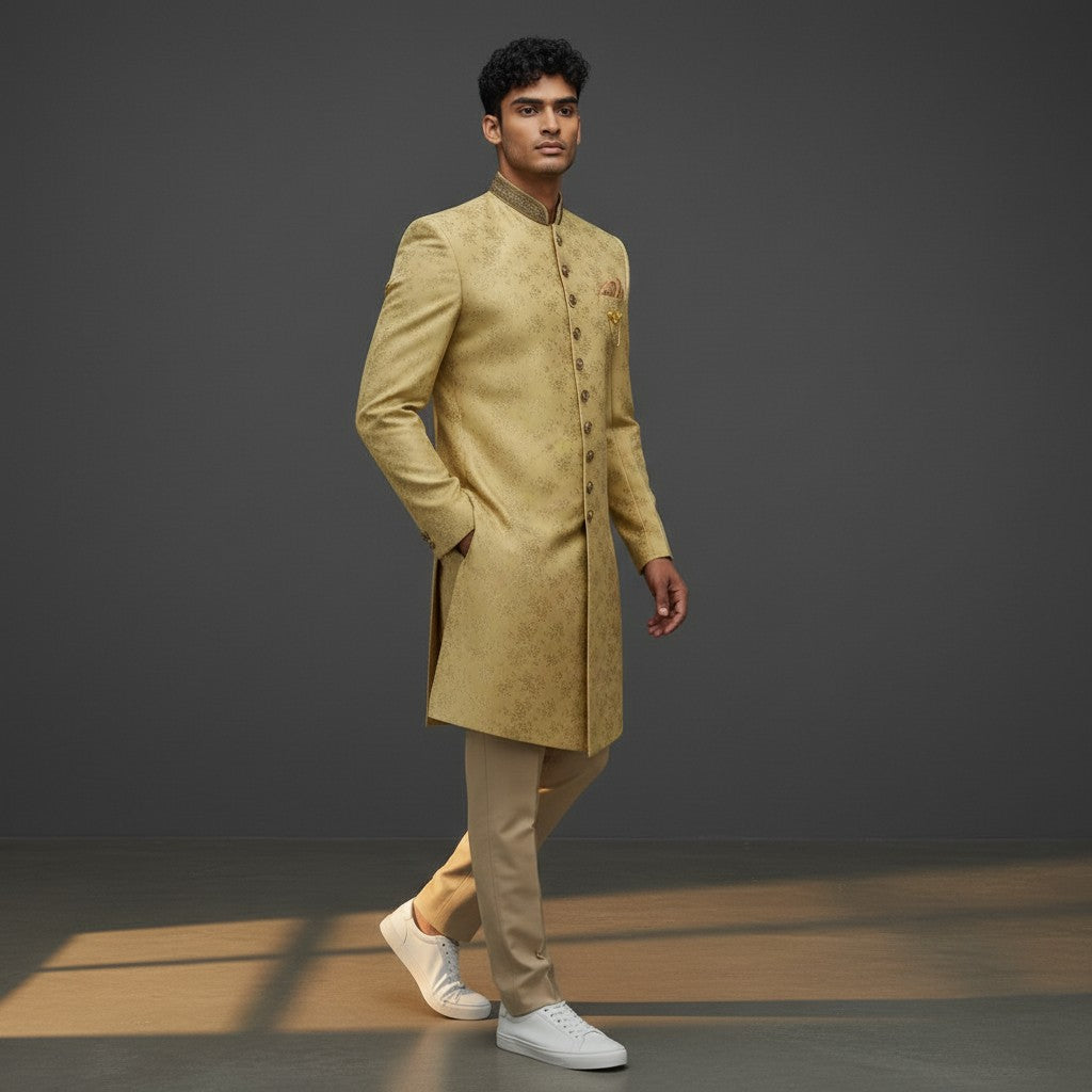 A Yellow Self Design Sherwani