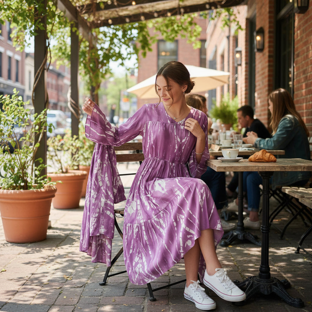 Plum Shibori Tie-Dye Tiered Maxi Dress with Bell Sleeves
