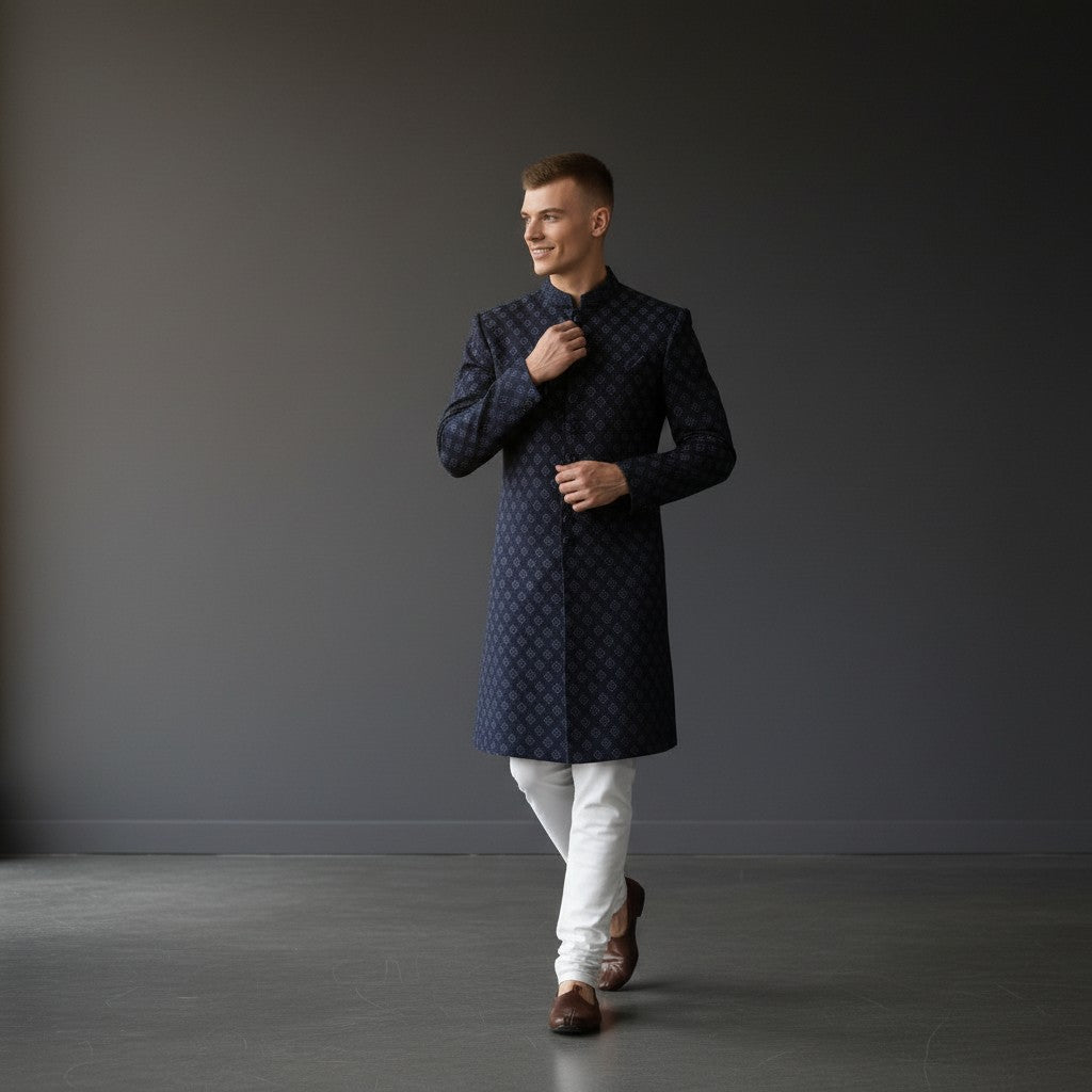 Blue Self Design Men's Sherwani with Nehru Jacket