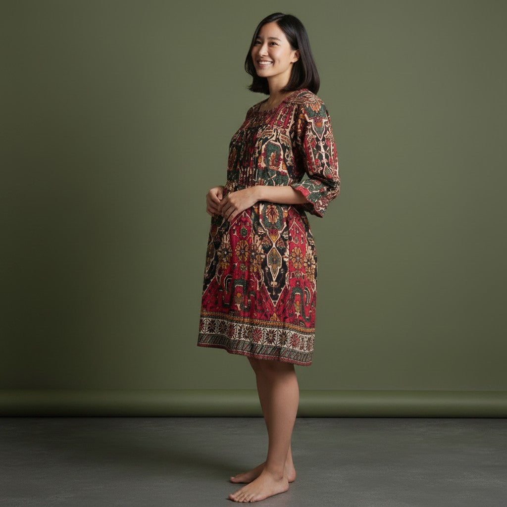 Burgundy Multi-Color Printed Maternity Dress