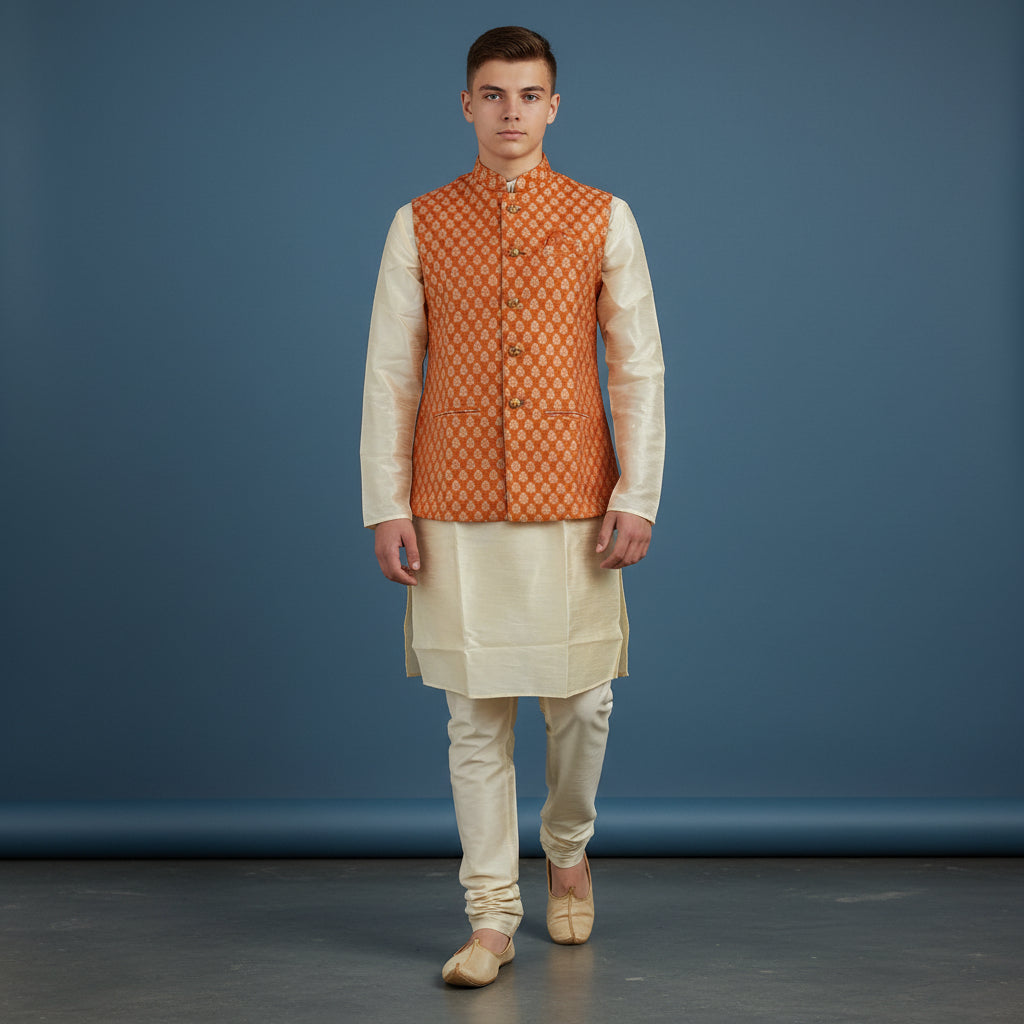 Men 3 Piece Set - Peach Kurta Set for Party and Wedding