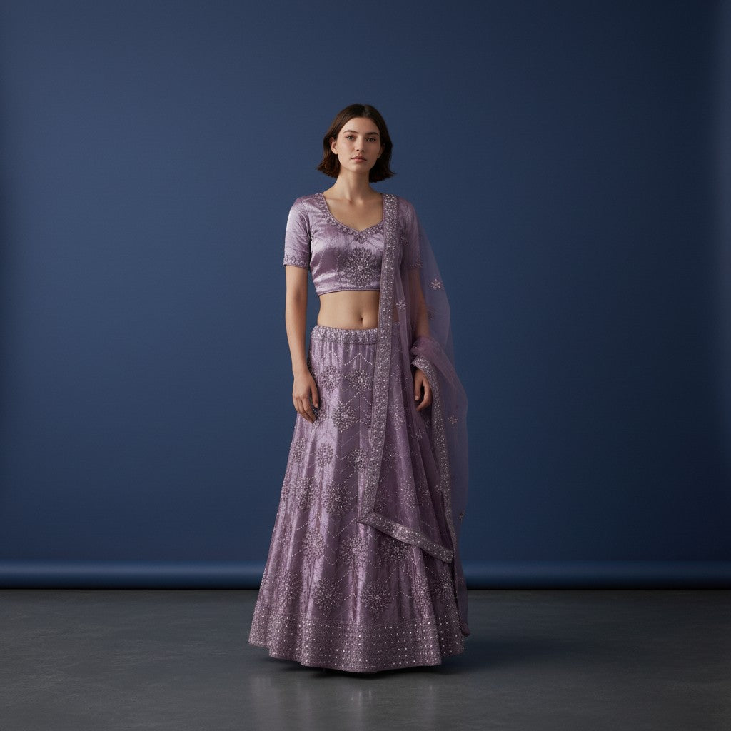 Floral Embroidered Lehenga with Matching Blouse and Sheer Dupatta