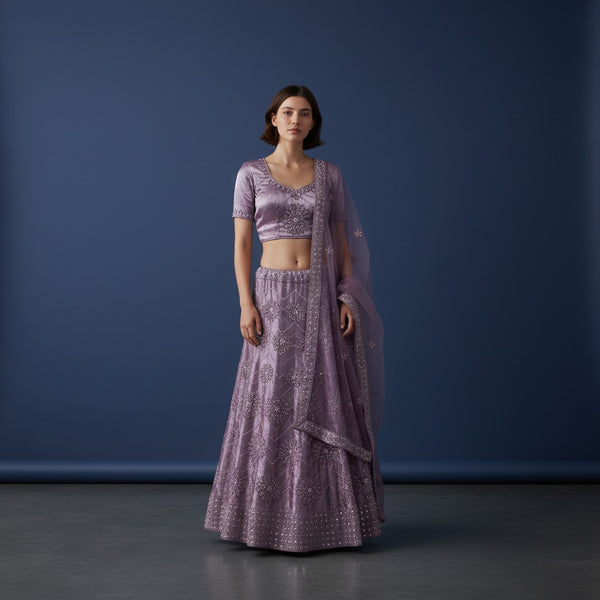 Floral Embroidered Lehenga with Matching Blouse and Sheer Dupatta