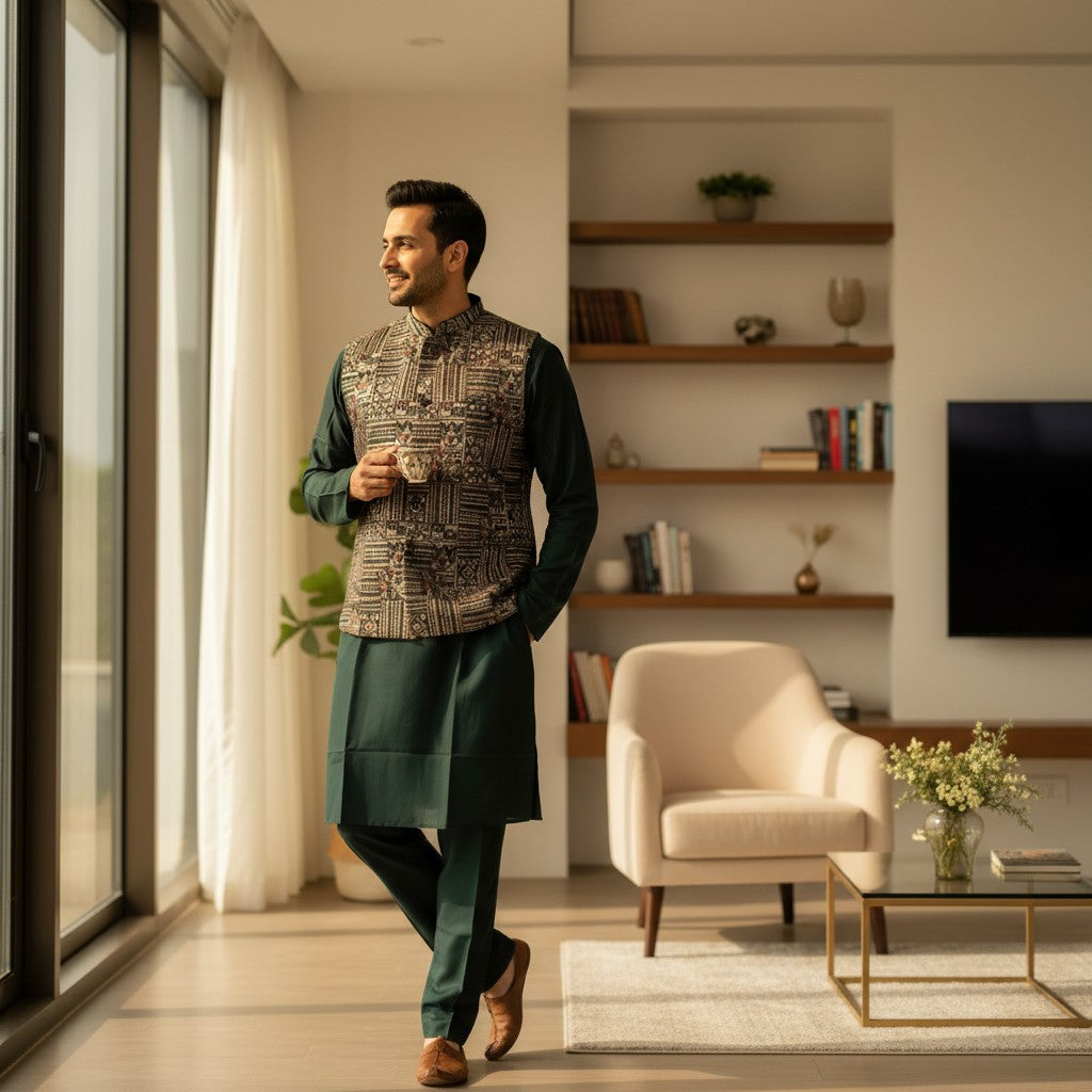 Men 3 Piece Kurta Set - Green Ethnic Vest & Kurta