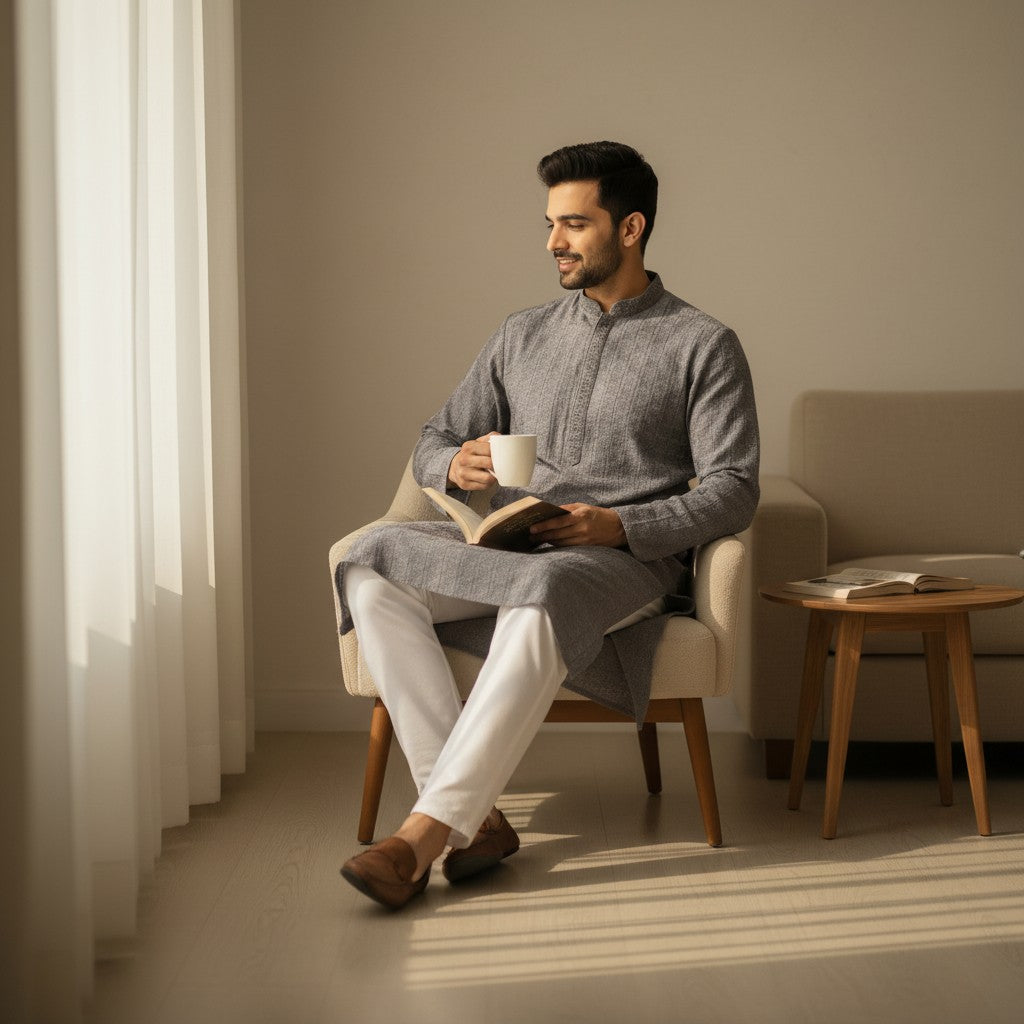 Men's Beige Cotton Straight-Cut Kurta with Hand-Embroidered Motifs