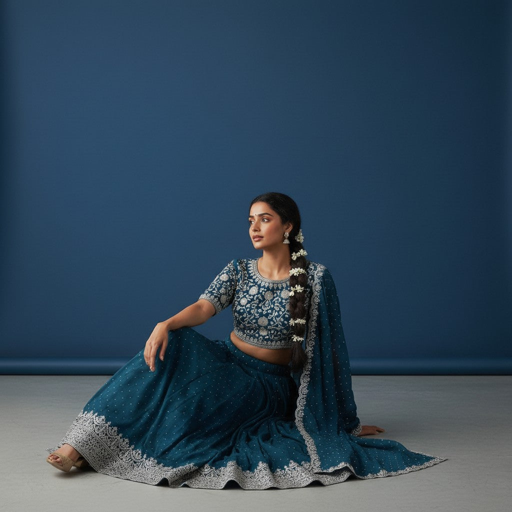 Teal Blue Georgette Lehenga with Embroidered Blouse and Stone-Detailed Dupatta