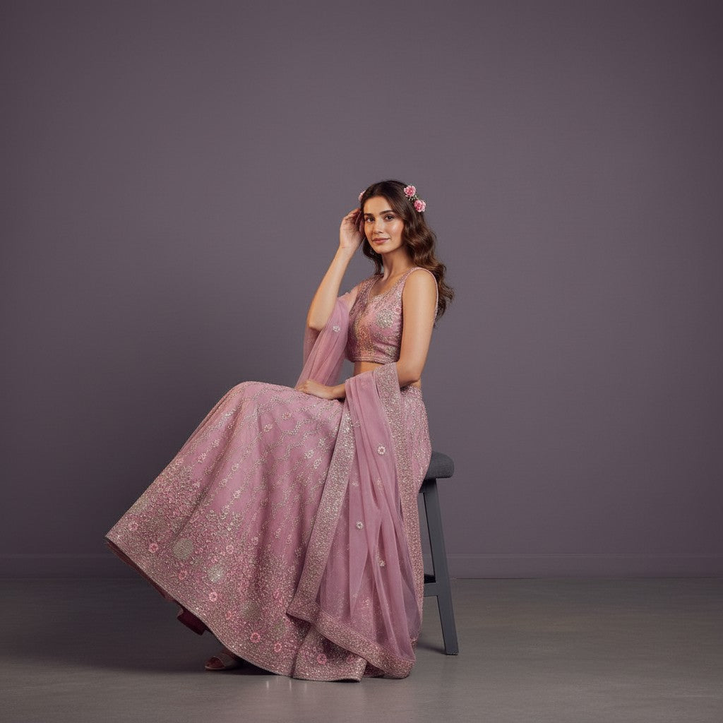 Sophisticated Lehenga with Vertical Geometric Embroidery and Floral Vine Motifs