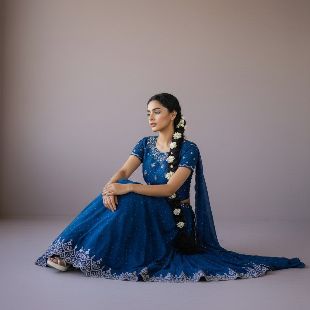 Deep Teal Blue Georgette Lehenga with Silver Sequin Butti Work and Scalloped Border