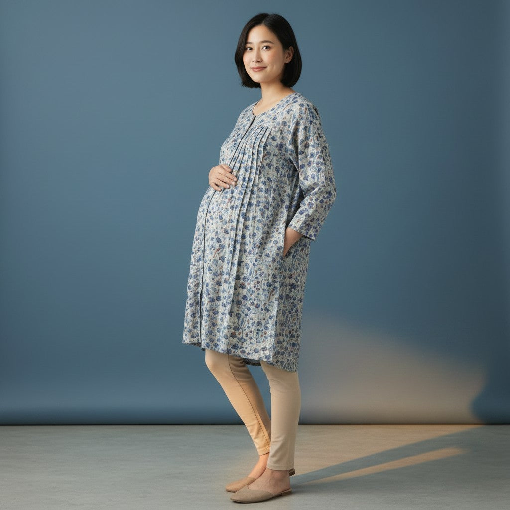 Maternity Button-Front Floral Tunic with Pleated Front