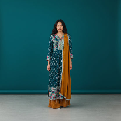 Faux Georgette Kurta Set Deep V-neck Dressy