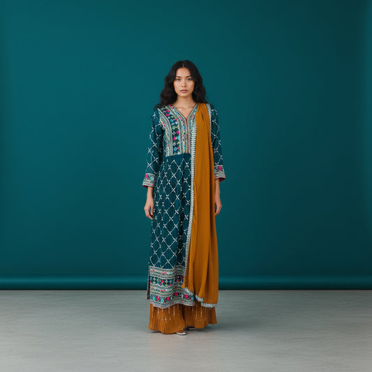 Faux Georgette Kurta Set Deep V-neck Dressy