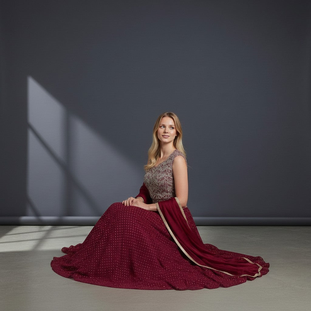 Elegant Maroon Lehenga with Silver Sequin Blouse and Dotted Skirt
