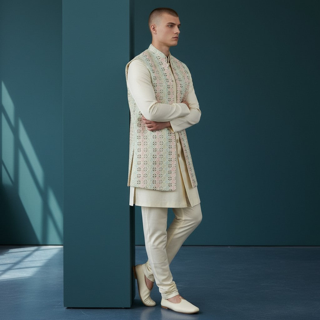 A Multi Colored Self Design Sherwani