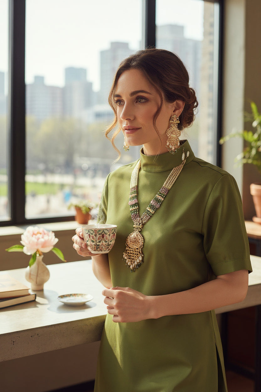 Long Mala Set-Multi-layered beaded strands with a large floral-motif pendant and matching heavy Jhumkas