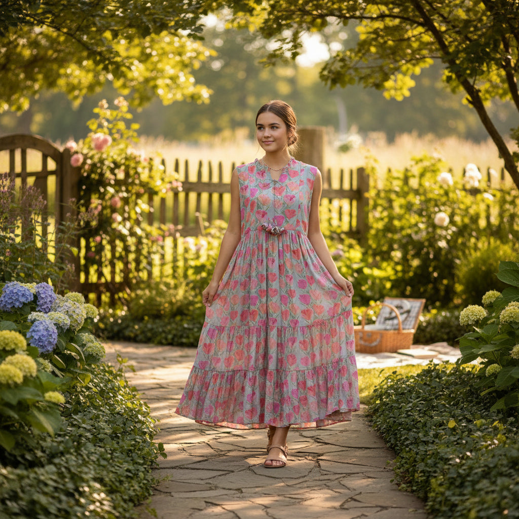 Sleeveless Tiered Dress with Ruffled Neckline and Front Drawstring Ties