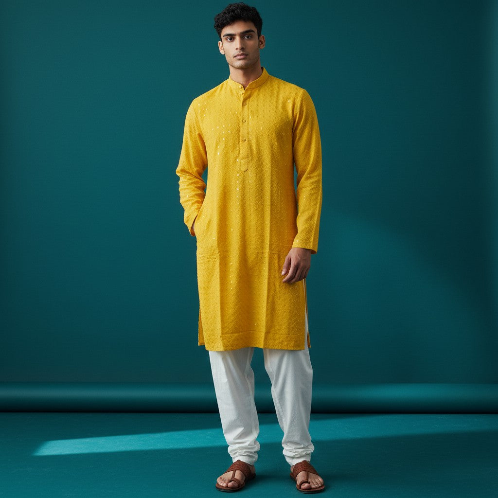 Men's Yellow Chikankari Embroidered Sequinned Kurta Set