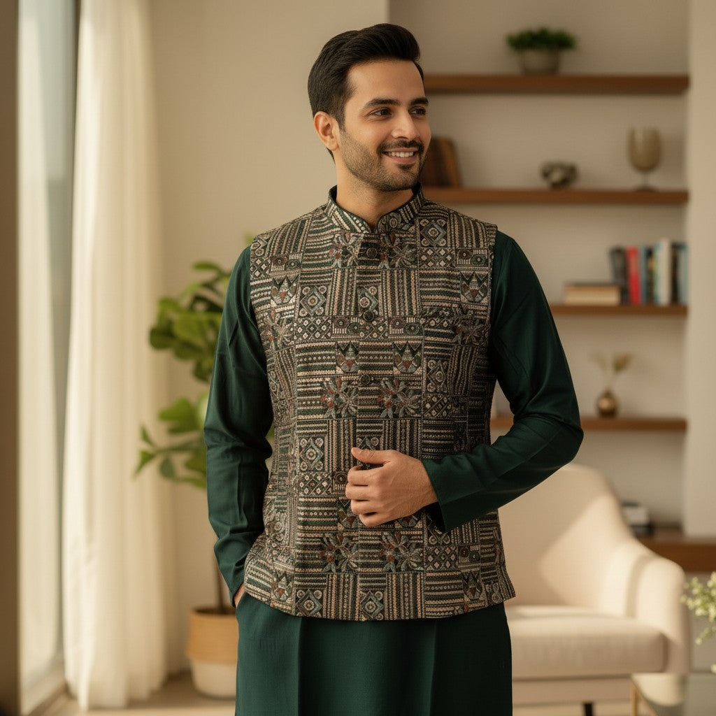 Men 3 Piece Kurta Set - Green Ethnic Vest & Kurta