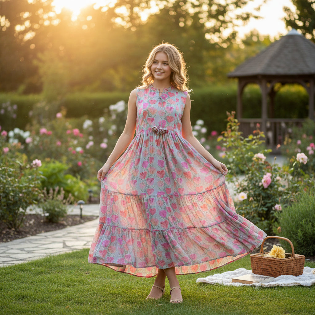 Sleeveless Tiered Dress with Ruffled Neckline and Front Drawstring Ties