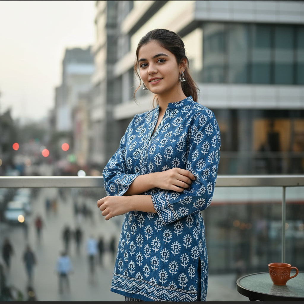 Jaipuri Blue Floral Block Print V-Neck Short Kurti