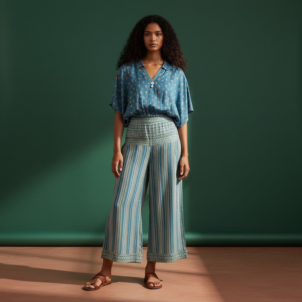 Women's Floral Blue Loungewear Set with Striped Pants