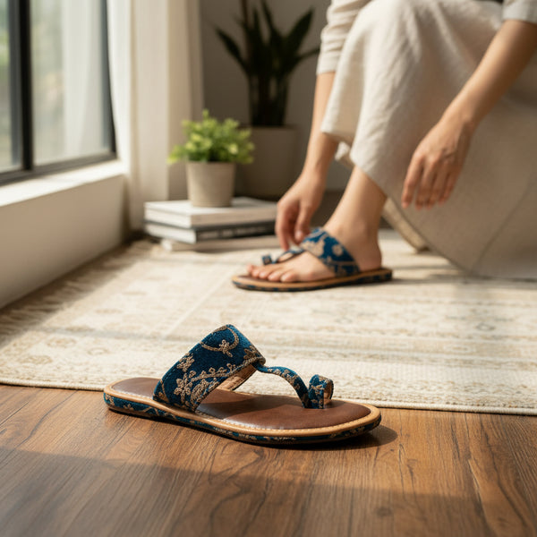 Blue Embroidered Sandals for Women