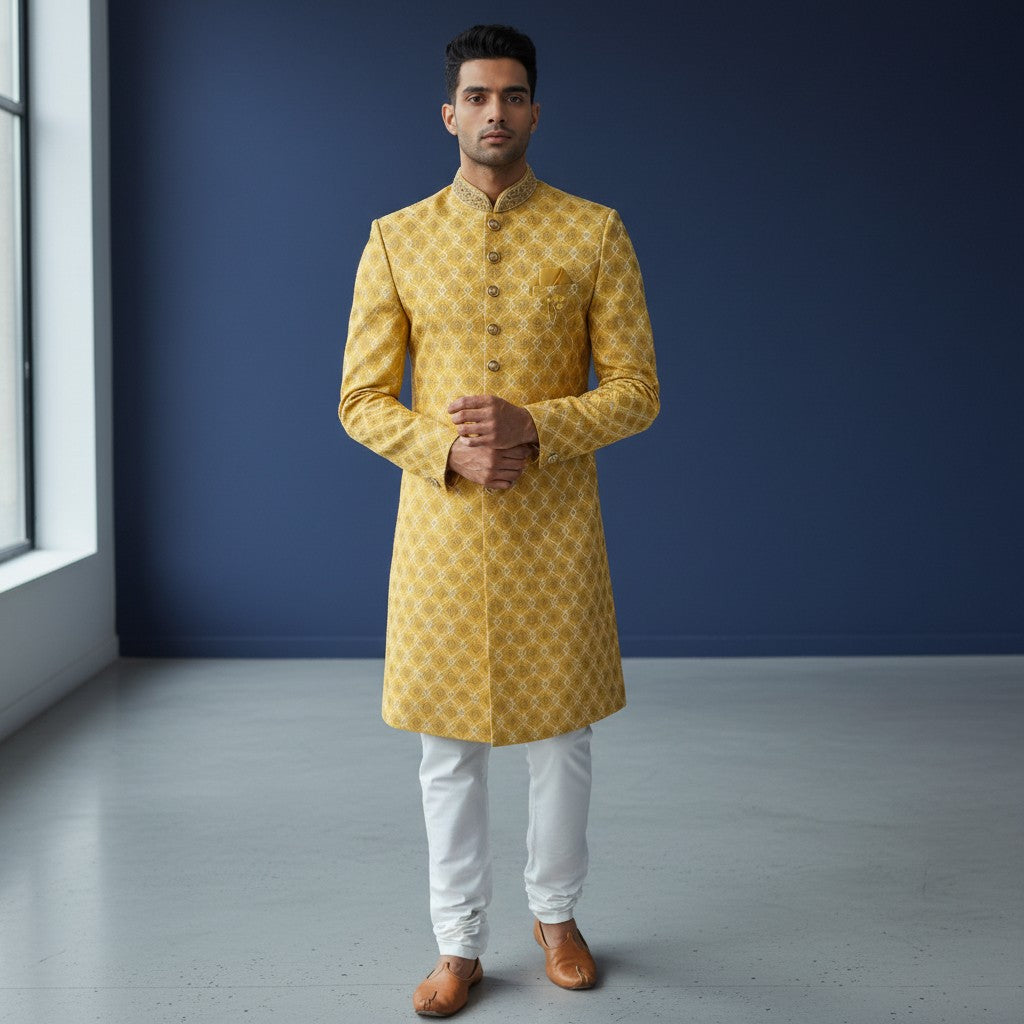 A Yellow Colored Self Design Sherwani